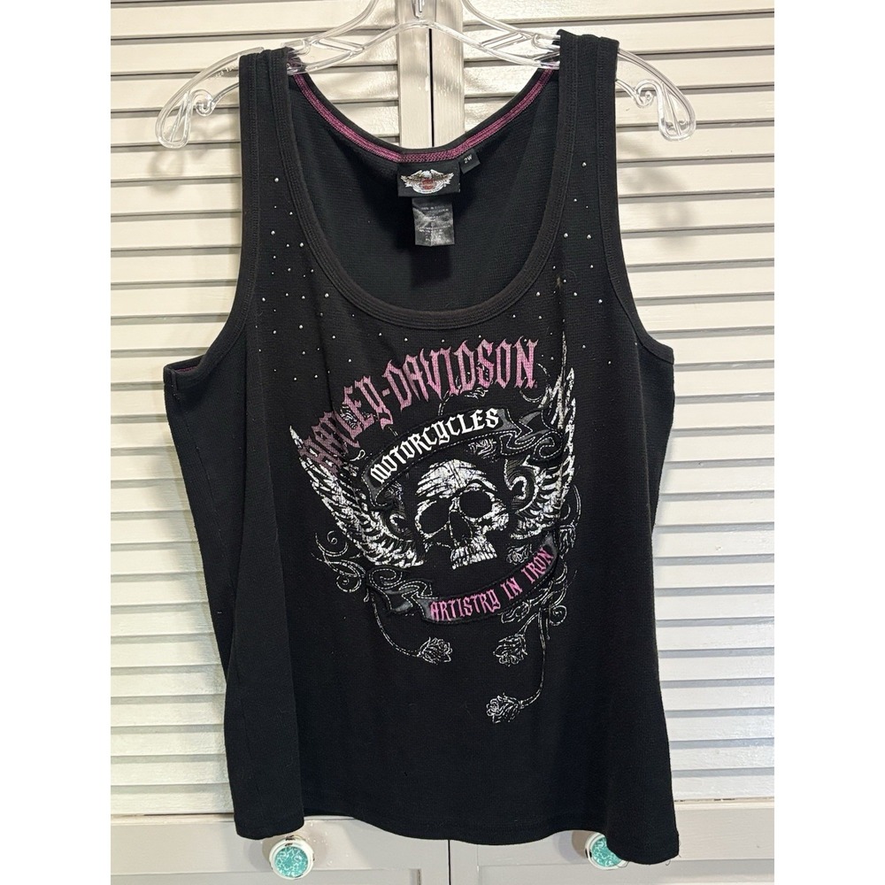 Harley Davidson Tank Top Size 2W Skull/Wings Graphic Ribbed Scoop Neck Biker